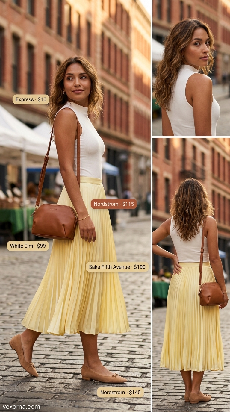 Feminine pastel summer outfit 2026: Butter yellow midi skirt, ivory knit top, brown ballet flats for daytime.
