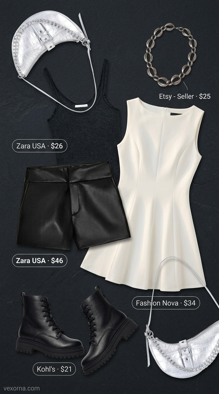 Black flowy short outfits summer for women 2026: faux leather shorts, camisole, combat boots for night out.
