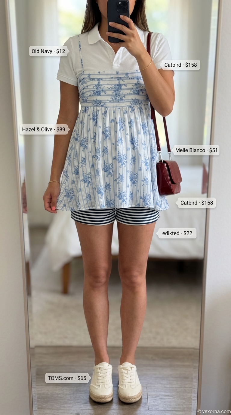 Blue stripe flowy short outfits summer for women 2026: seersucker shorts, polo shirt, espadrilles for picnic.