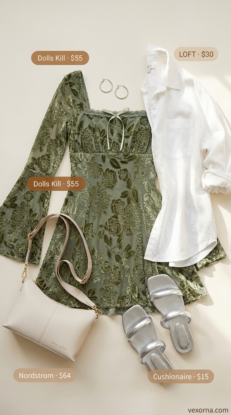 Sophisticated Botanical Garden: Sage green flowy shorts, ivory linen shirt, silver sandals. Chic summer outfits for women 2026.