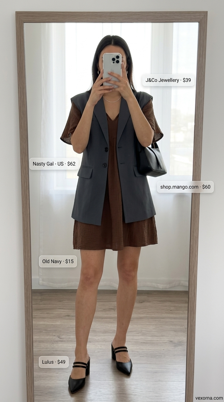 Charcoal gray flowy short outfits summer for women 2026: tailored shorts, blazer, mules for business casual.