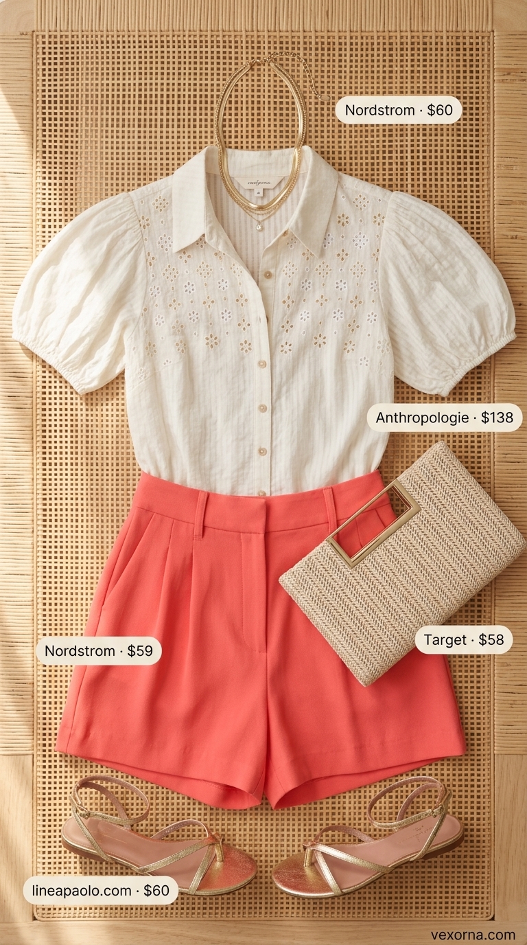 Coral flowy short outfits summer for women 2026: high-waisted shorts, eyelet blouse, gold sandals for garden party.