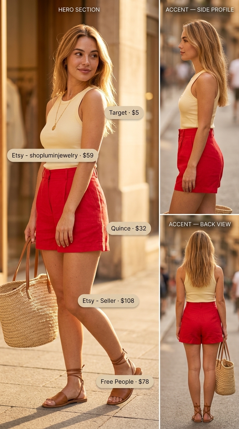 Bohemian Desert Bloom: Terracotta flowy shorts, cream tank top, leather sandals. Earthy summer outfits for women 2026.