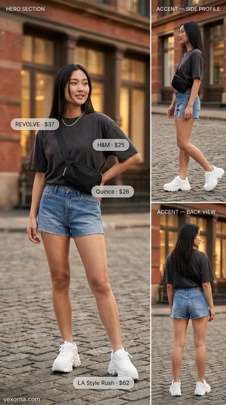 Edgy Downtown Art Walk: Light wash denim flowy shorts, graphic tee, platform sneakers. Cool summer outfits for women 2026.