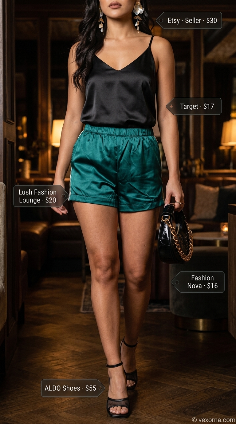 Emerald green flowy short outfits summer for women 2026: satin shorts, camisole, gold earrings for cocktail.