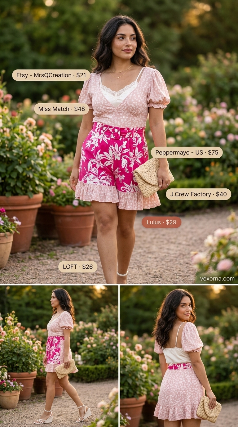 Romantic Secret Garden Soiree: Blush pink flowy shorts, ivory camisole, espadrilles. Chic summer outfits for women 2026.