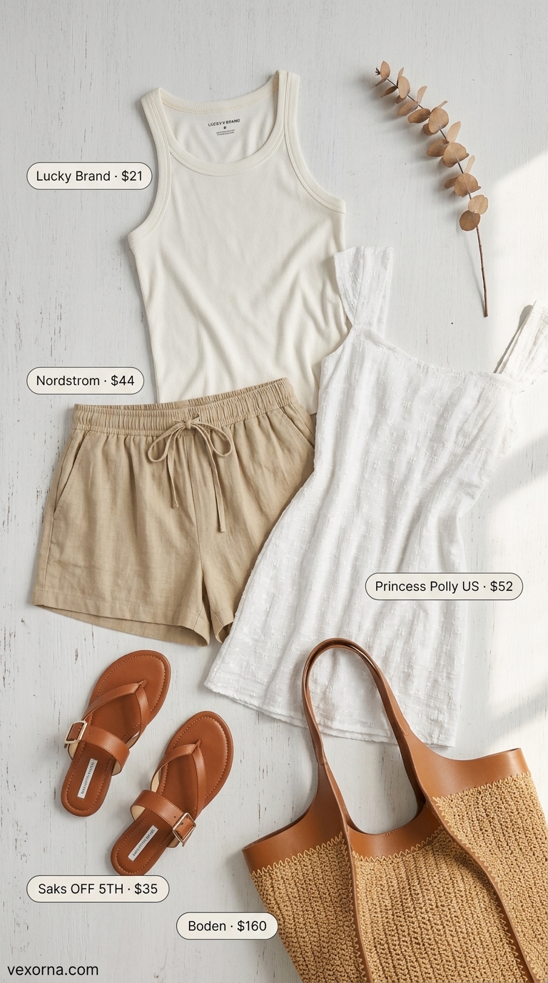 Khaki flowy short outfits summer for women 2026. Chic coastal look with high-waisted shorts, tank top & slide sandals.