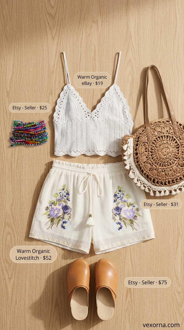 Lavender flowy short outfits summer for women 2026. Bohemian festival style with crochet top, embroidered shorts & straw bag.