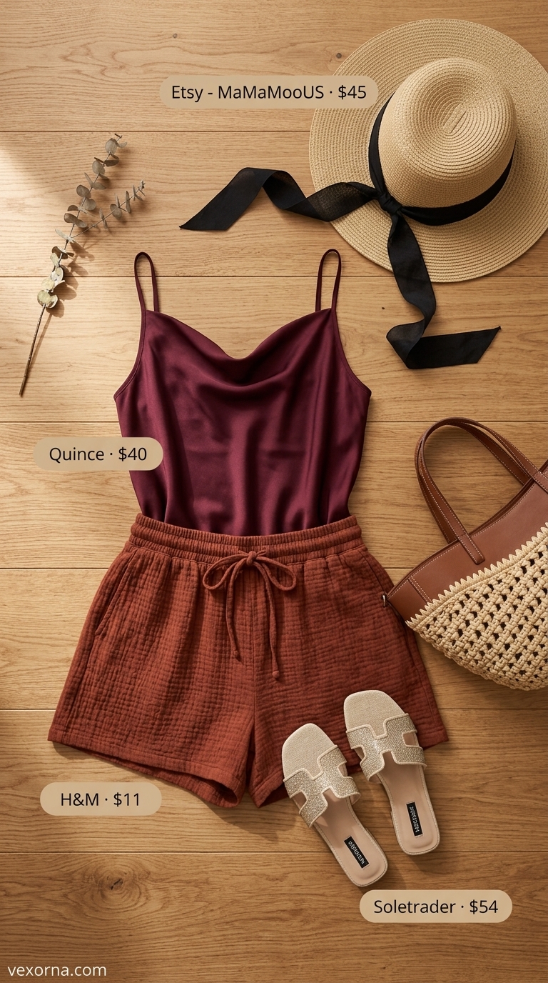 Mediterranean Villa Escape: Terracotta flowy shorts, cream camisole, straw hat. Chic resort wear outfits for women 2026.