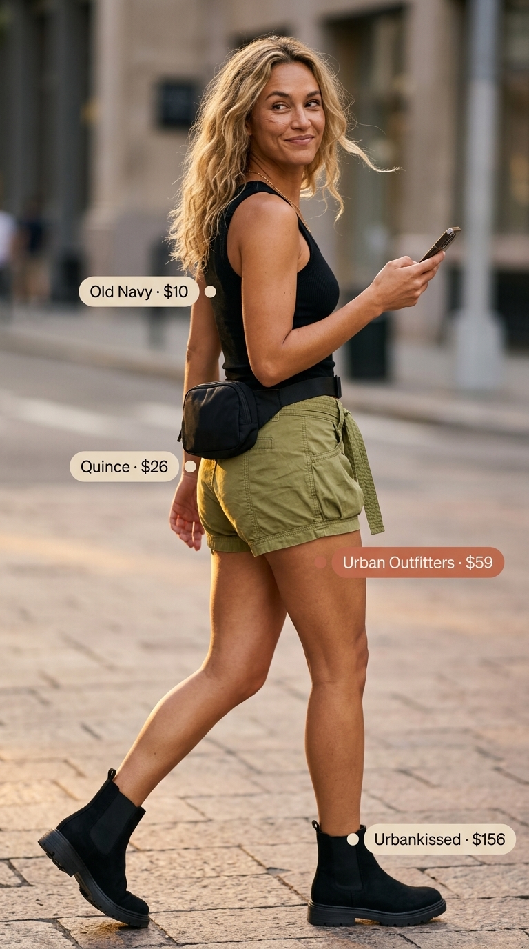 Olive green flowy short outfits summer for women 2026. Adventurous style with cargo shorts, ribbed tank, belt bag & ankle boots.