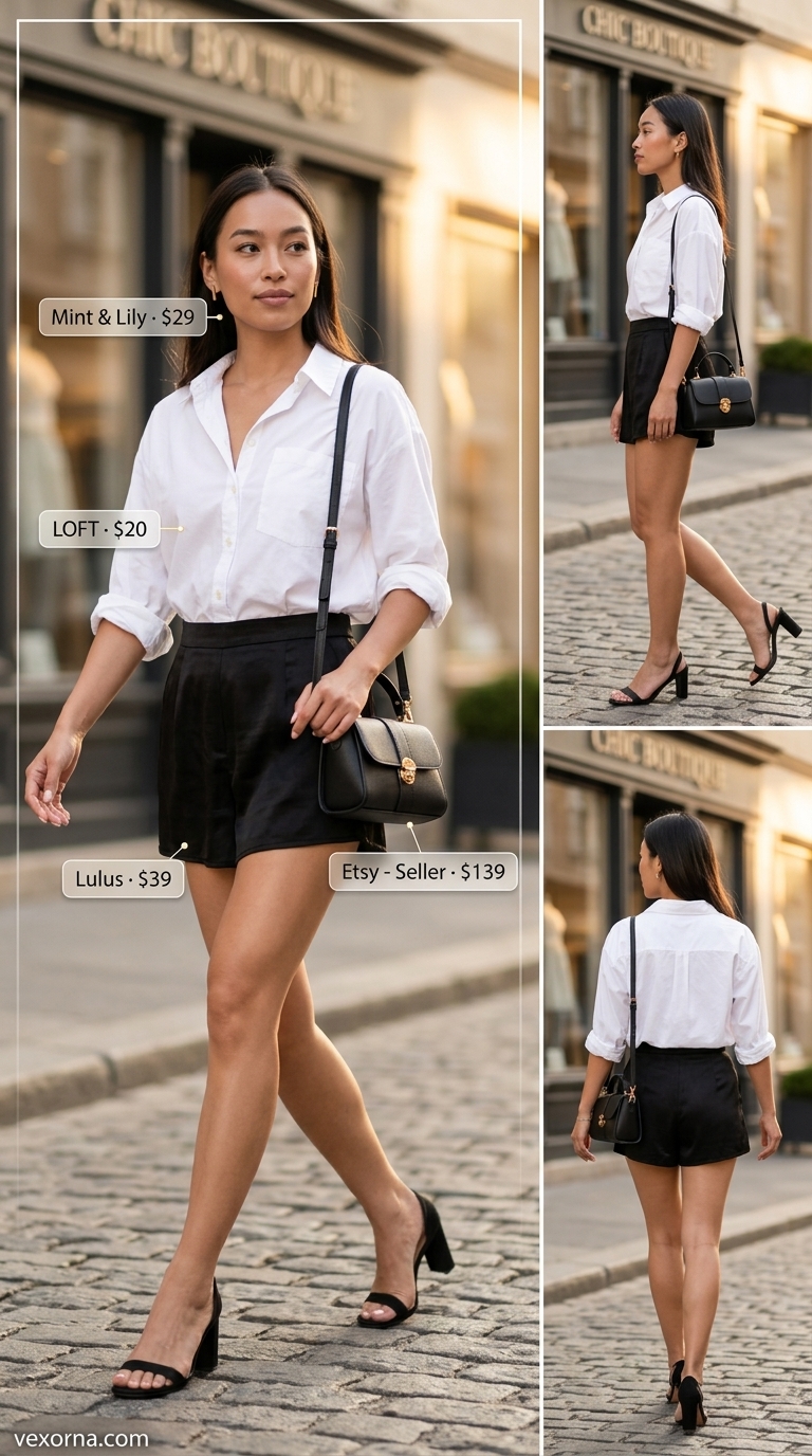 Olive green flowy short outfits summer for women 2026: satin shorts, white shirt, mules for upscale brunch.