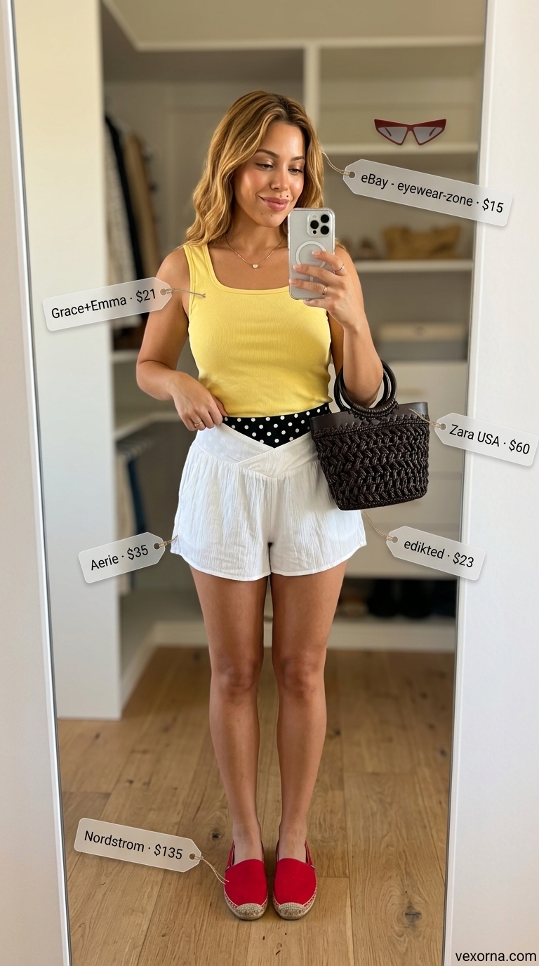 Polka dot flowy short outfits summer for women 2026. Playful retro style with black & white shorts, yellow top & wicker bag.