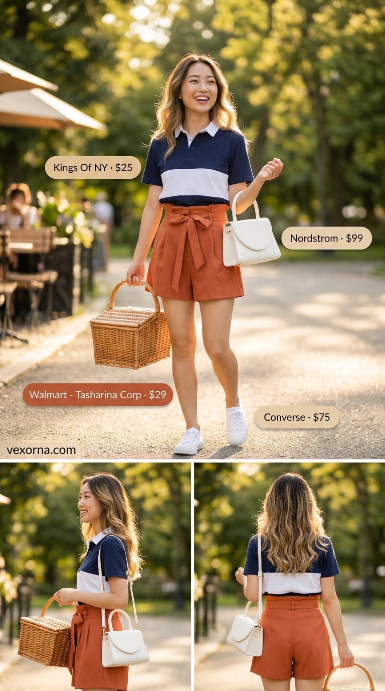 Preppy Popsicle & Polo: Coral flowy shorts, navy polo shirt, white sneakers. Fun summer outfits for women 2026.