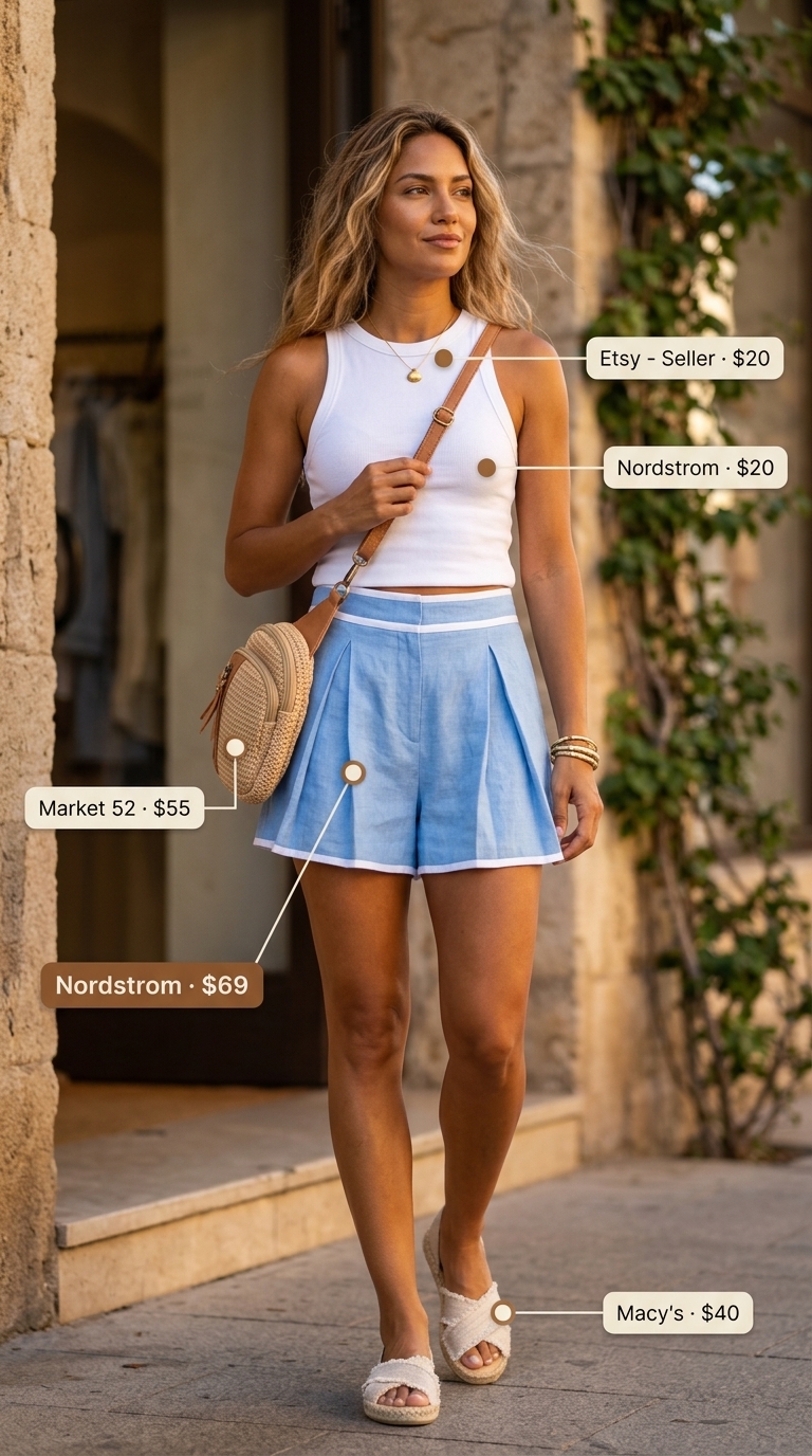 Sky blue flowy short outfits summer for women 2026: linen shorts, white tank, straw bag for beach day.