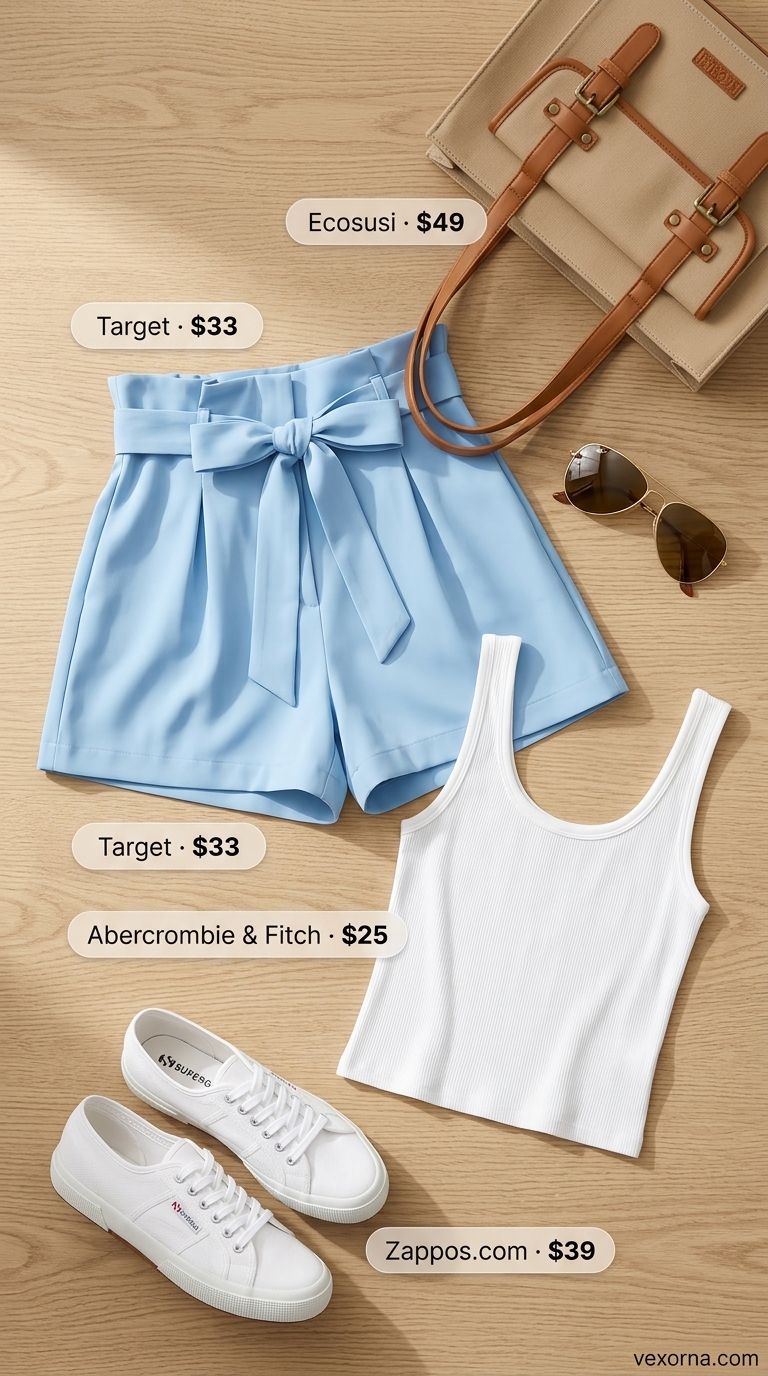 Sky blue flowy short outfits summer for women 2026. Relaxed lakeside look with paper-bag shorts, tank top & canvas sneakers.