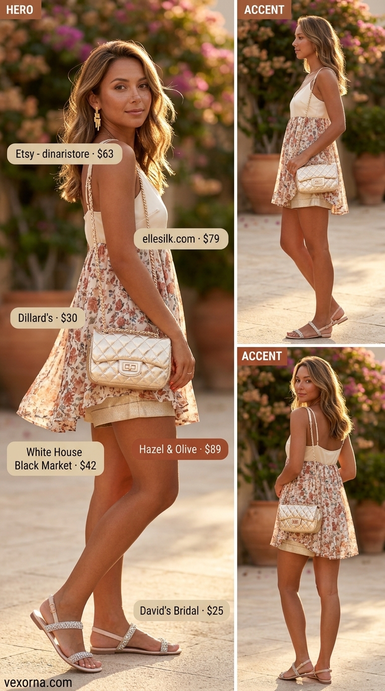 Glamorous Sunset Cruise: Gold metallic flowy shorts, silk camisole, statement earrings. Luxe summer outfits for women 2026.