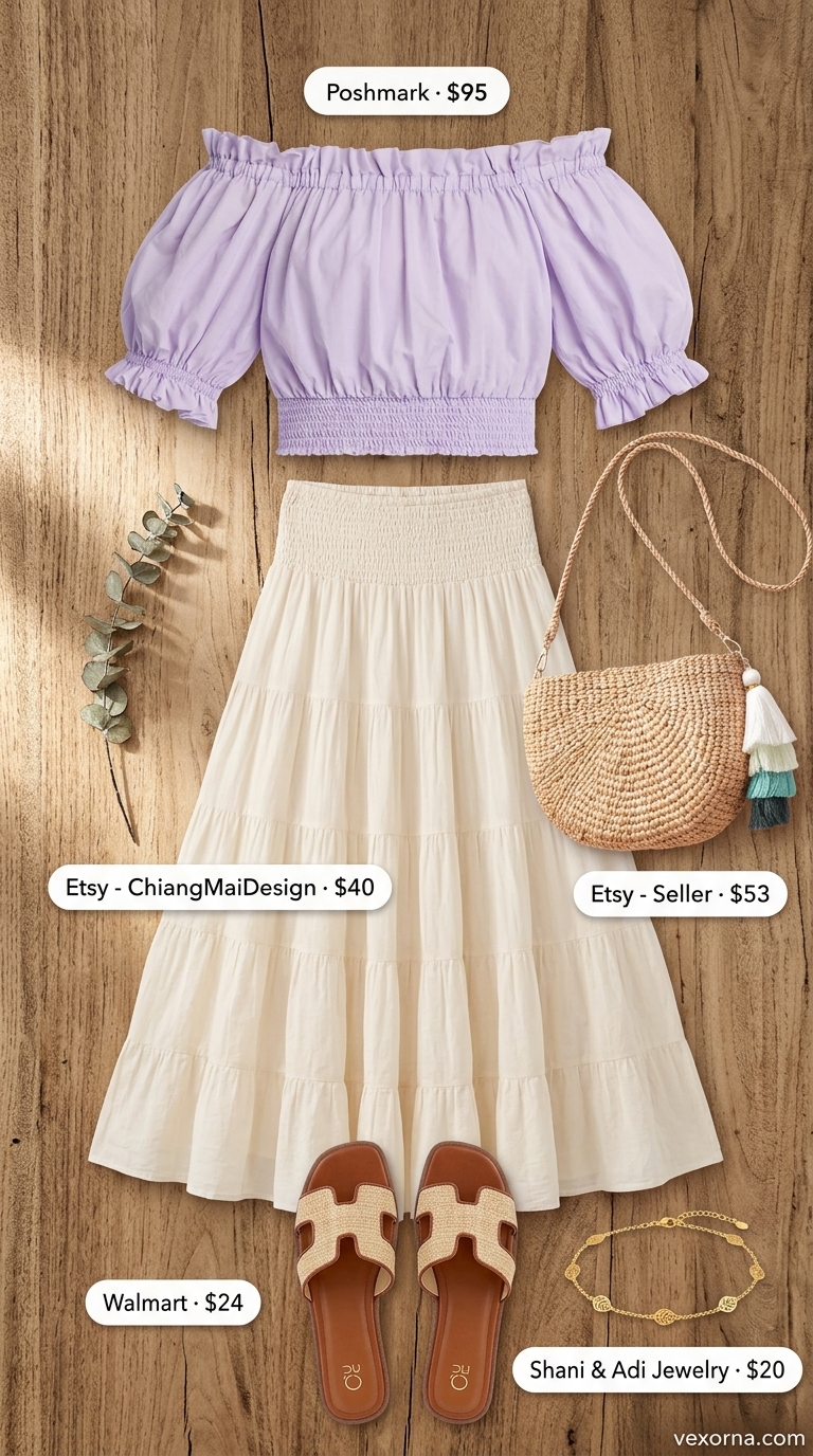 Dreamy lavender eyelet crop top, cream maxi skirt, and straw bag for garden party outfits 2026.
