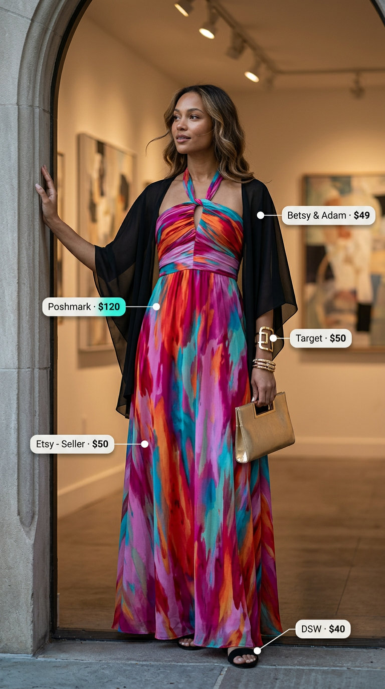 Artistic abstract print halter summer flowy maxi dress 2026 for gallery openings and evening events.