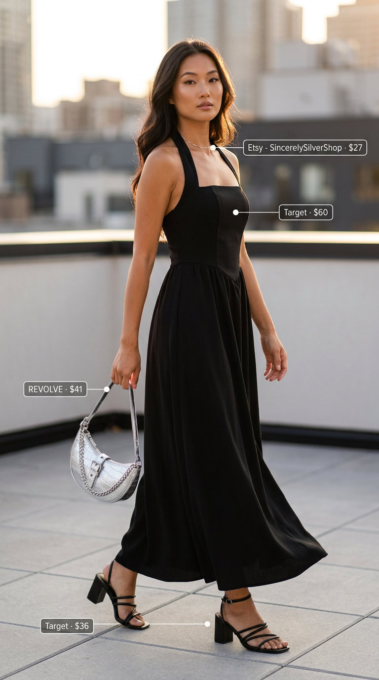 Sleek black halter summer flowy maxi dress 2026 for minimalist evening galas and rooftop events.