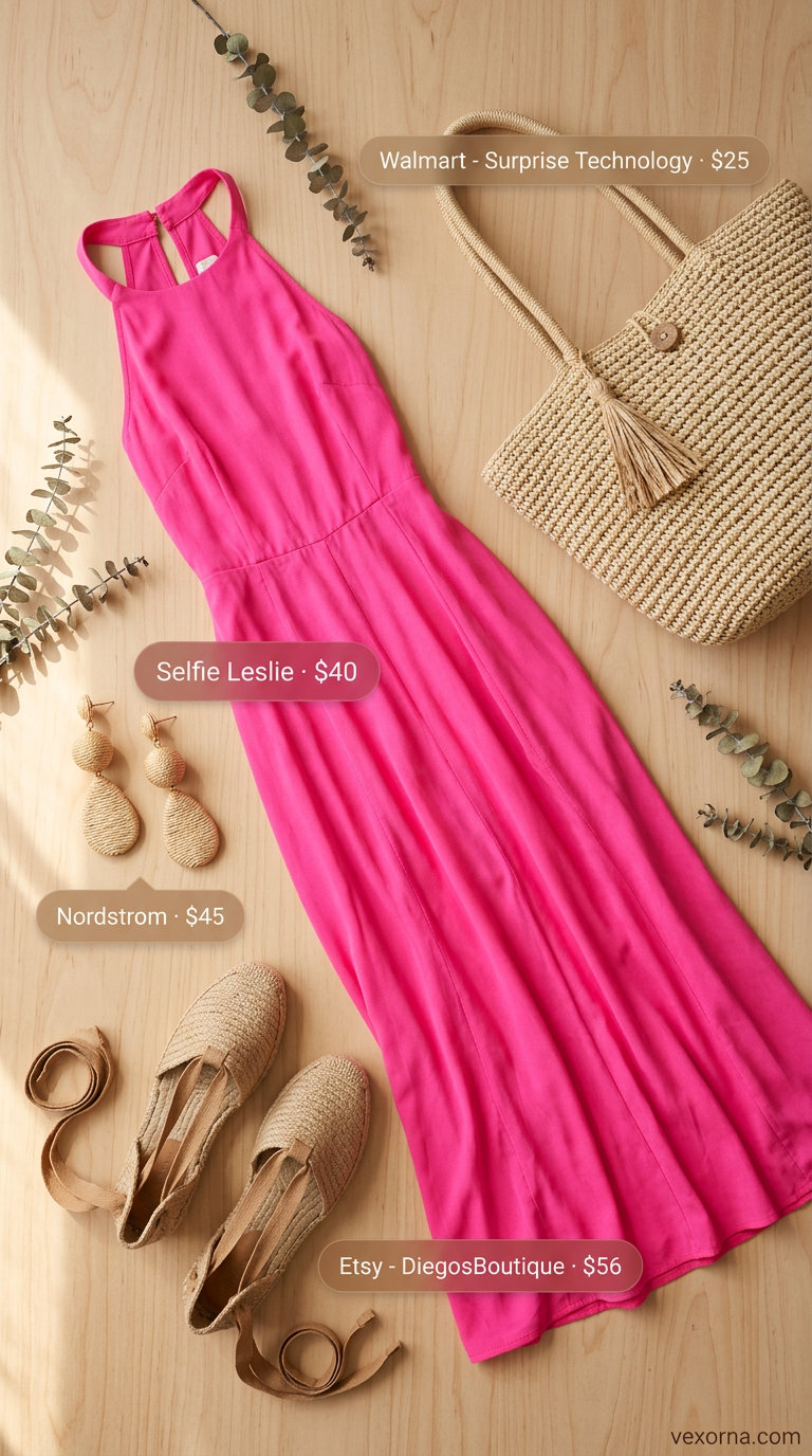 Hot pink halter summer flowy maxi dress 2026 for a boho beach party with espadrilles and straw tote.