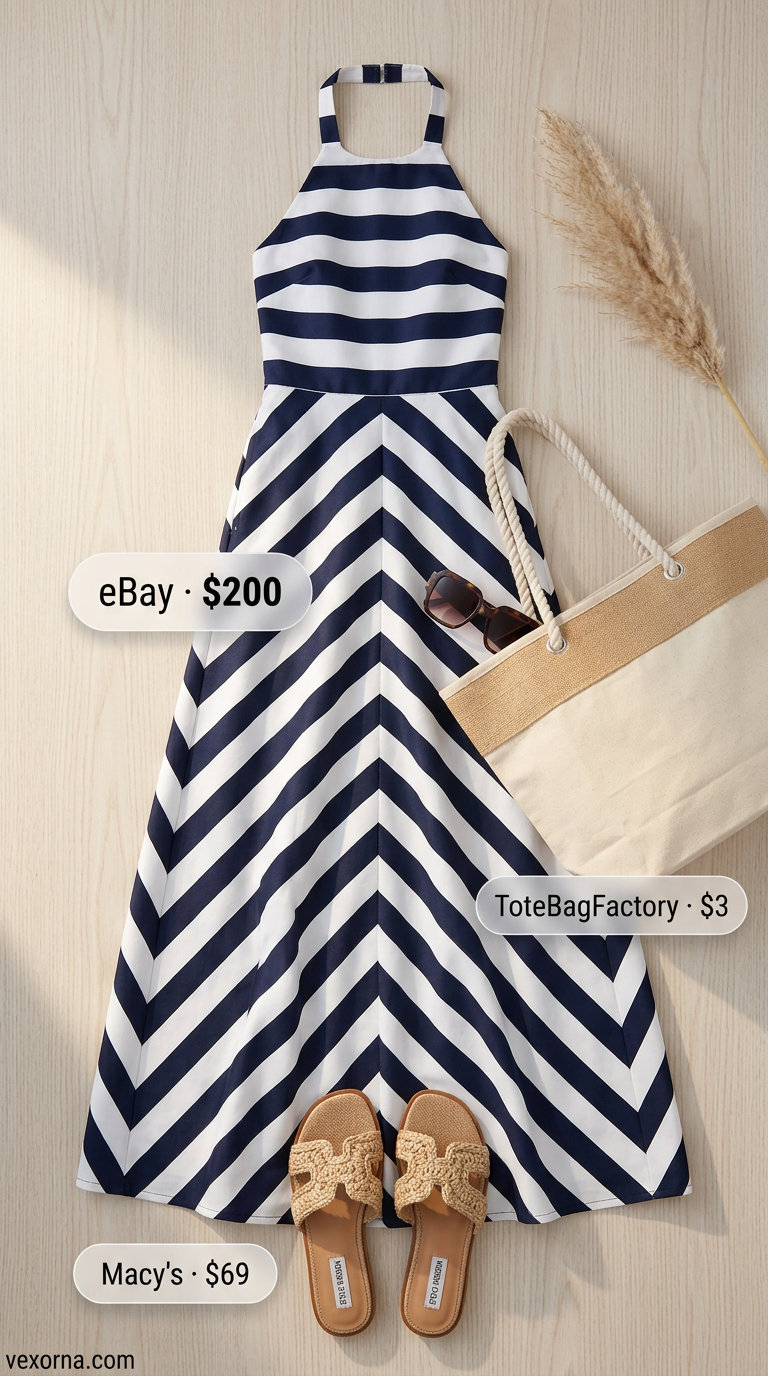 Navy and white striped halter summer flowy maxi dress 2026, for resort vacations and beachside lunches.