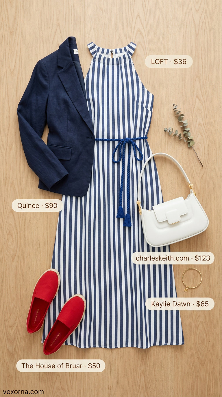Navy and white striped halter summer flowy maxi dress 2026, styled with espadrilles and linen blazer for nautical events.