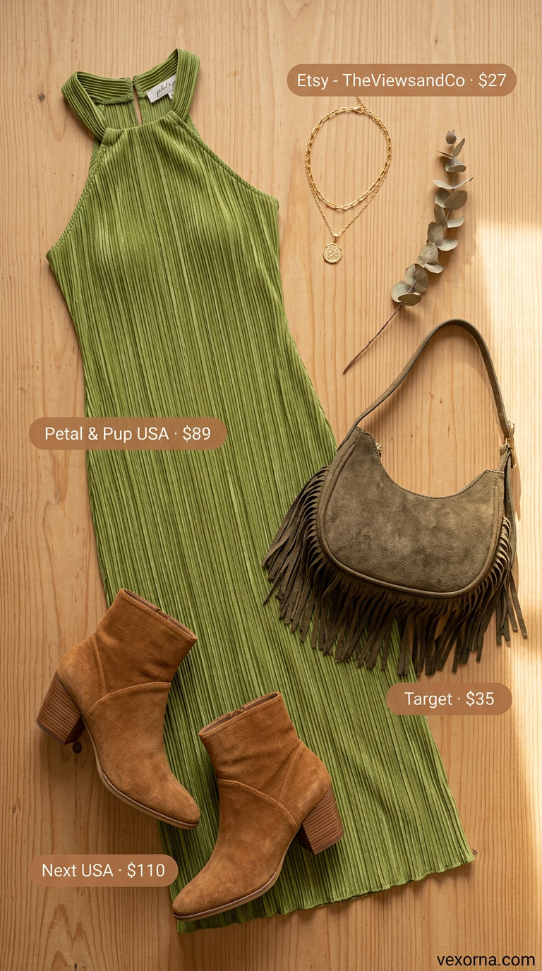 Olive green halter summer flowy maxi dress 2026 for a music festival with ankle boots and fringe bag.