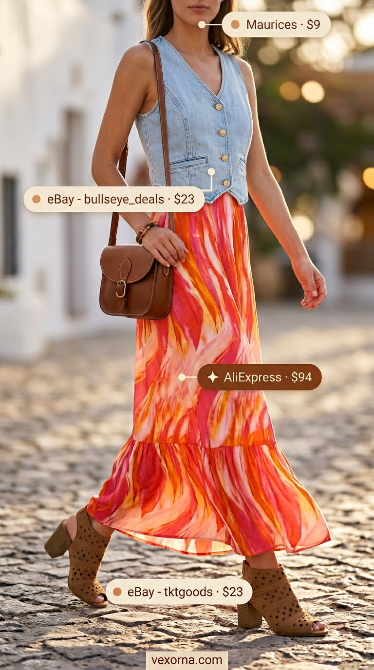 Bohemian halter summer flowy maxi dress 2026 in sunset tie-dye for music festivals and casual days.