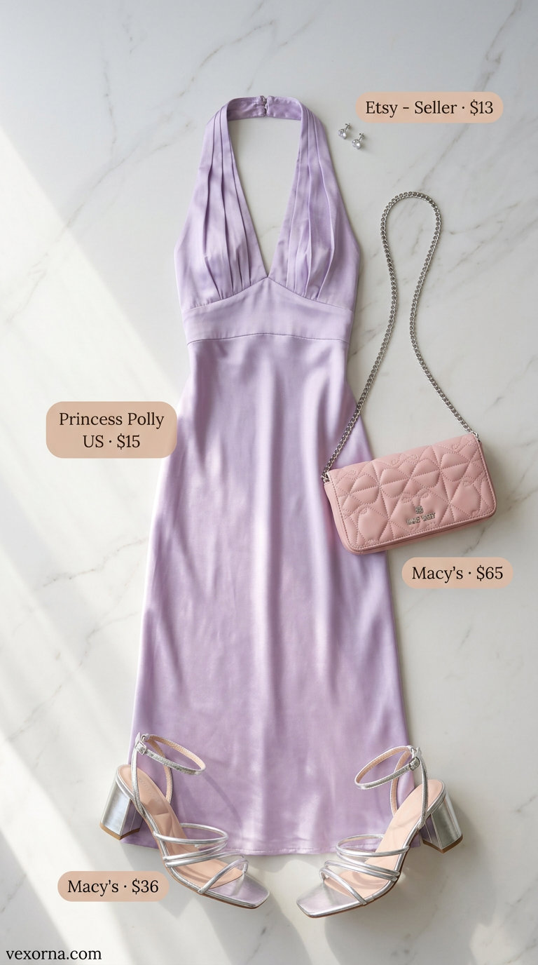 Lavender halter summer flowy maxi dress 2026 for a garden party with block heels and clutch.