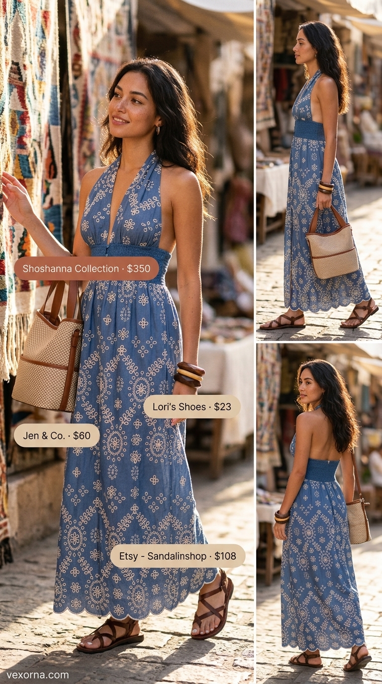 Chambray blue halter summer flowy maxi dress 2026 with embroidery, for markets and casual travel.