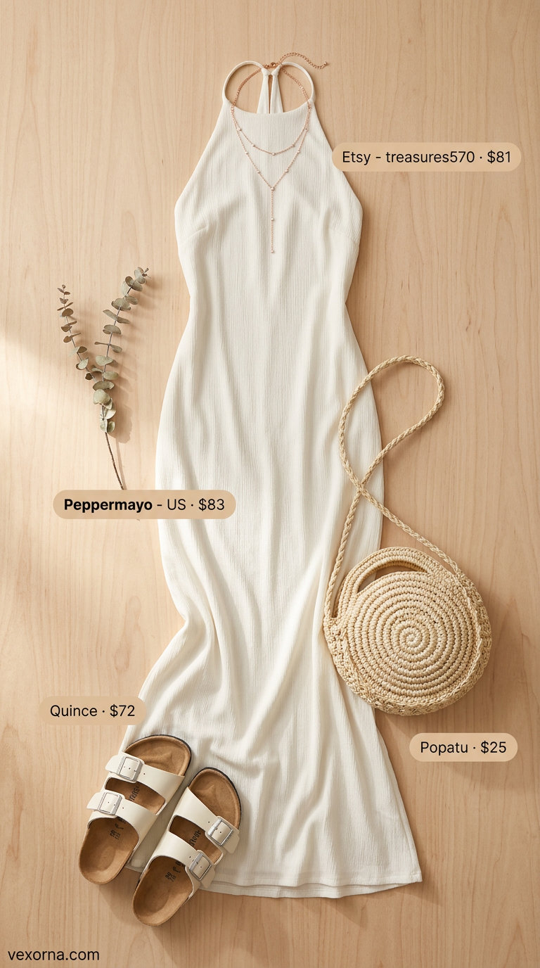 Elegant ivory halter summer flowy maxi dress 2026 with lace trim for summer brunch and vacations.