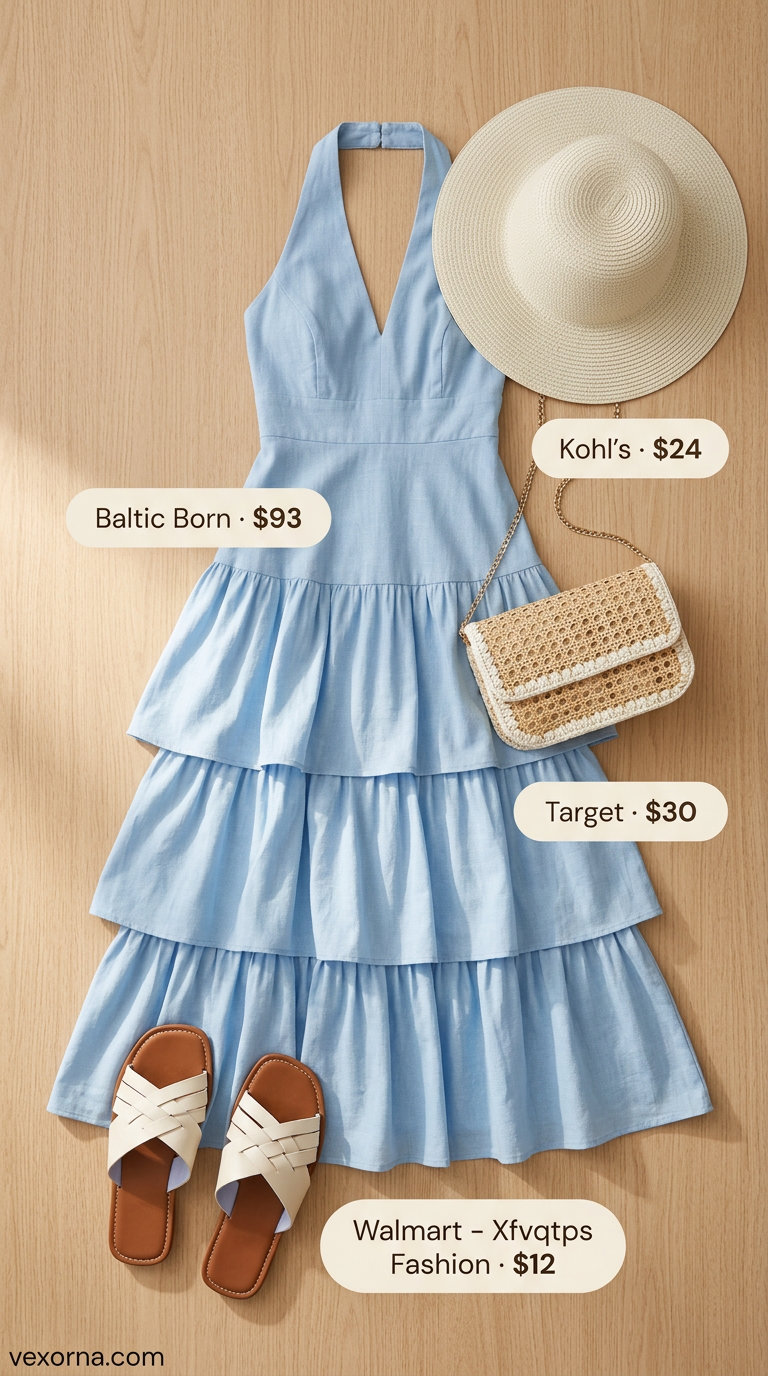 Sky blue halter summer flowy maxi dress 2026 for a lakeside picnic with flat sandals and straw hat.