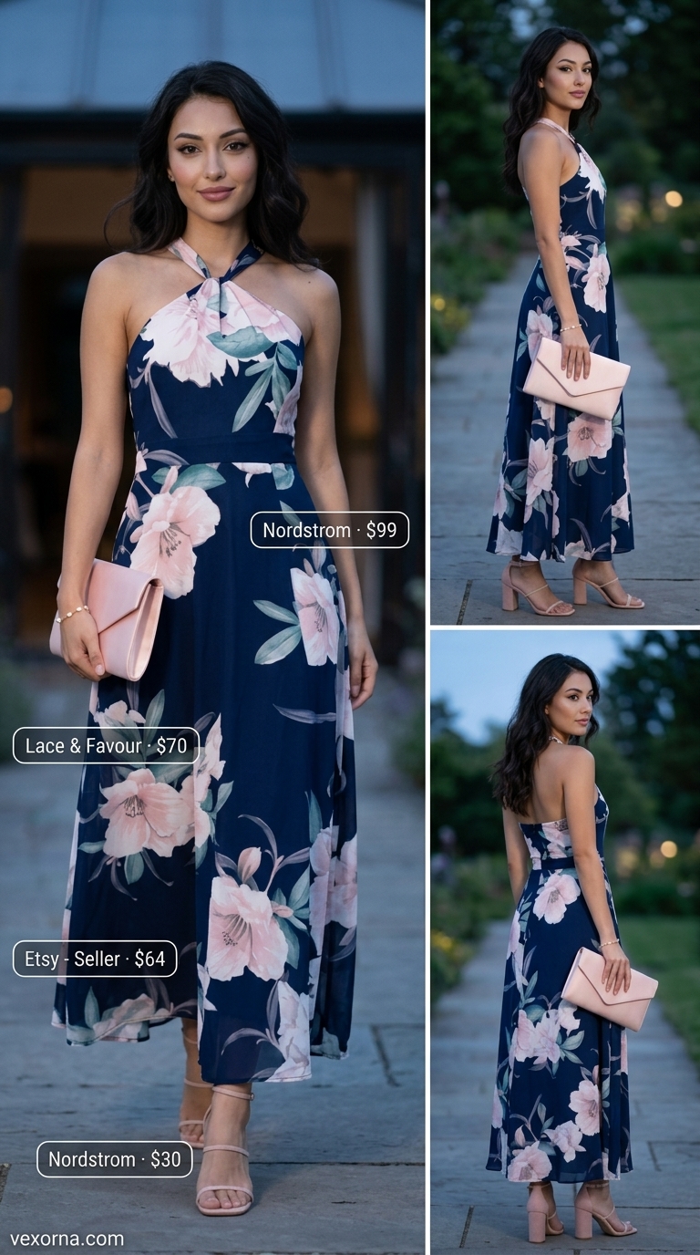Romantic navy floral halter summer flowy maxi dress 2026 for garden parties and outdoor weddings.