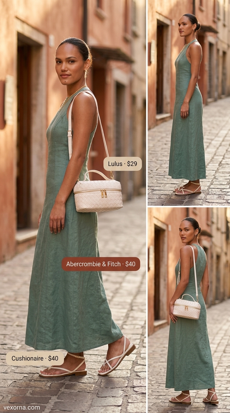 Sage green halter summer flowy maxi dress 2026 for casual brunch with flat slides and crossbody bag.