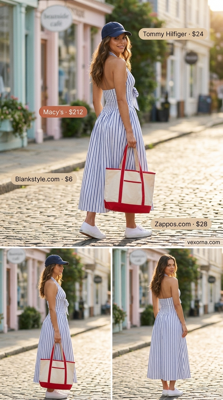 Navy and white striped halter summer flowy maxi dress 2026, perfect for daytime sightseeing and boat trips.