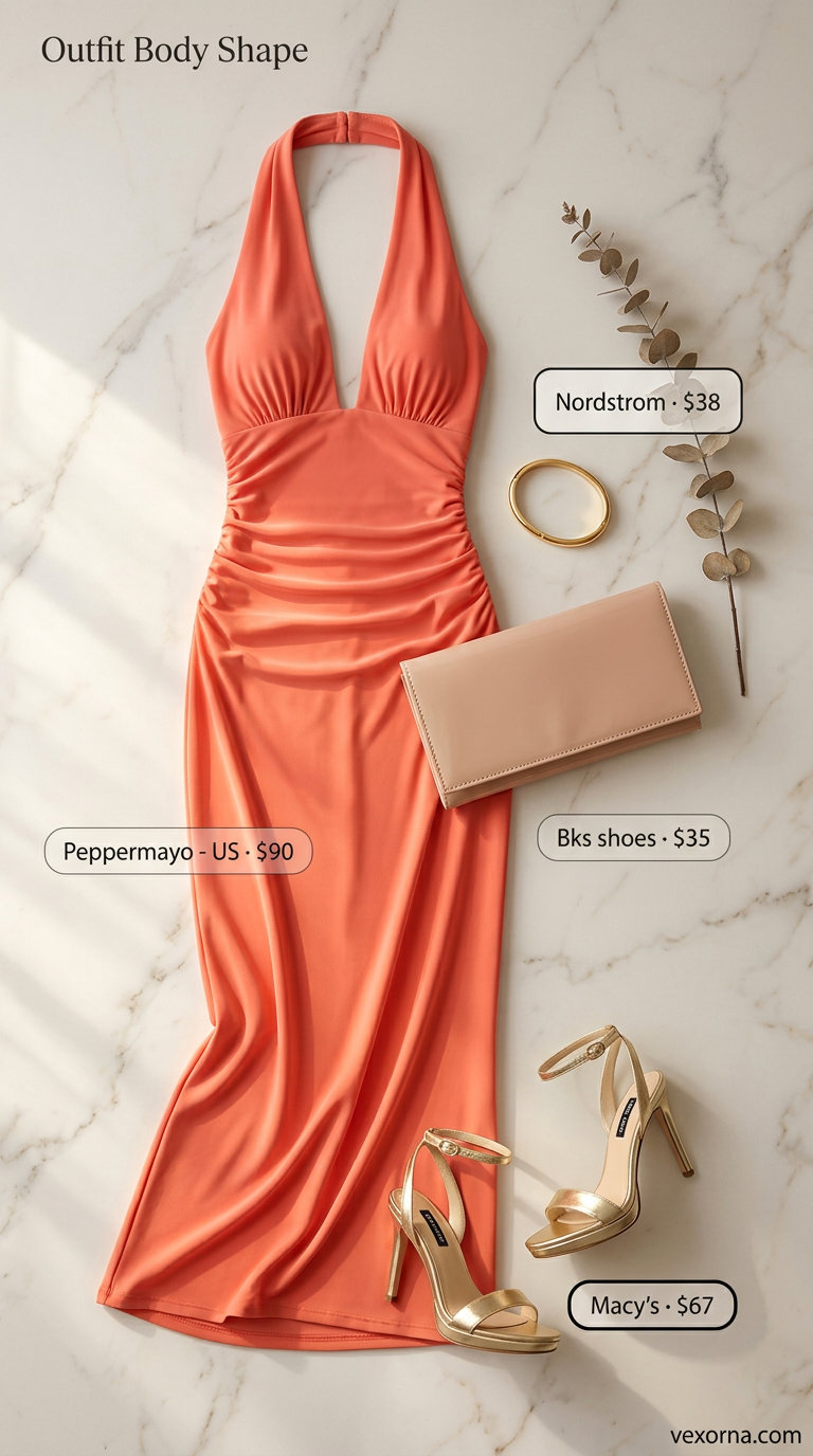 Coral halter summer flowy maxi dress 2026 with empire waist, perfect for summer dinner dates and resort evenings.