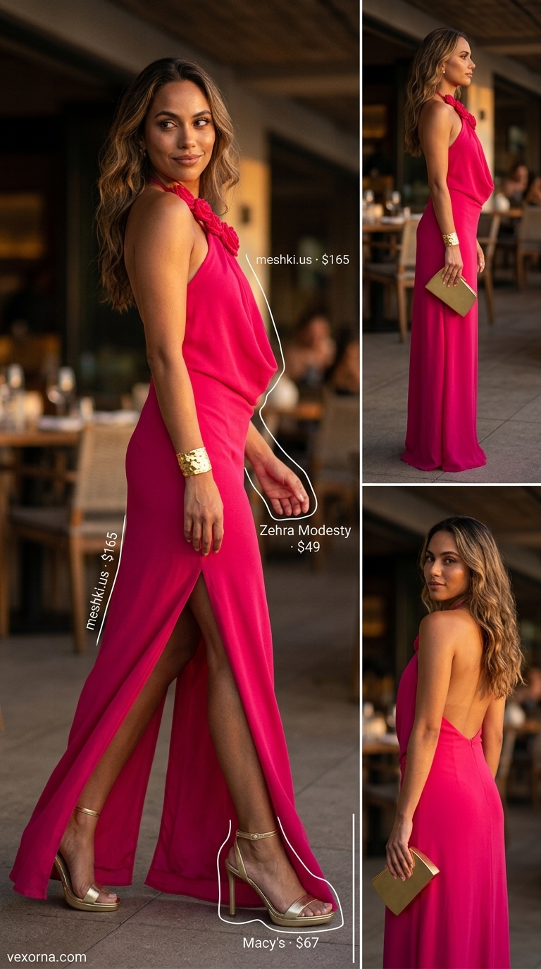 Glamorous fuchsia halter summer flowy maxi dress 2026 with gold accessories for upscale dinner events.