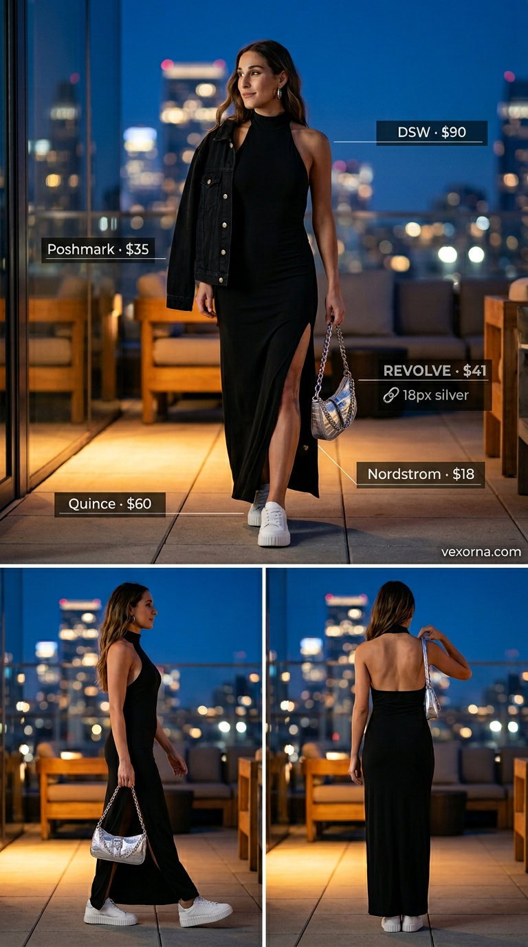 Black halter summer flowy maxi dress 2026 for urban nights with sneakers and denim jacket.