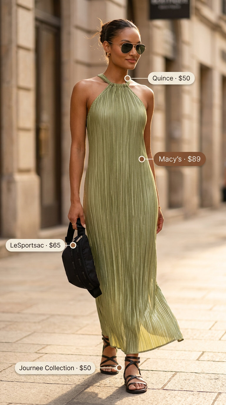 Olive green halter summer flowy maxi dress 2026 with drawstring waist, styled with gladiator sandals and belt bag for urban exploration.