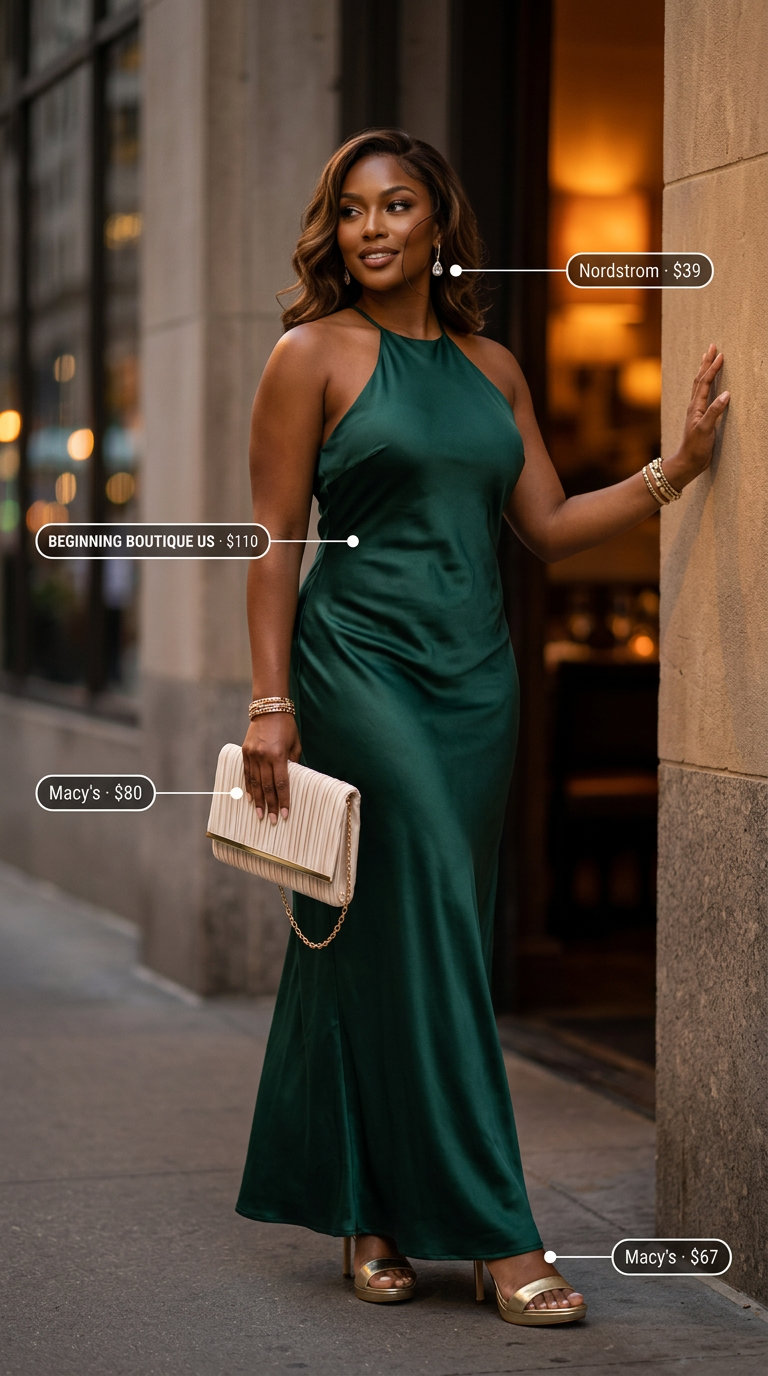 Emerald green halter summer flowy maxi dress 2026 for a wedding guest with gold heels and pearl clutch.