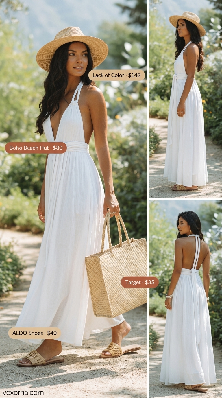 Relaxed white halter summer flowy maxi dress 2026 for beach days and resort wear.