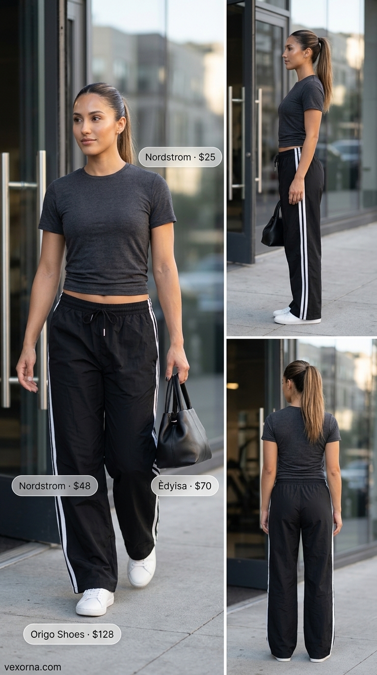 Knotted summer t-shirt outfit for women 2026: Charcoal tee knotted at back hem with black track pants and white sneakers.