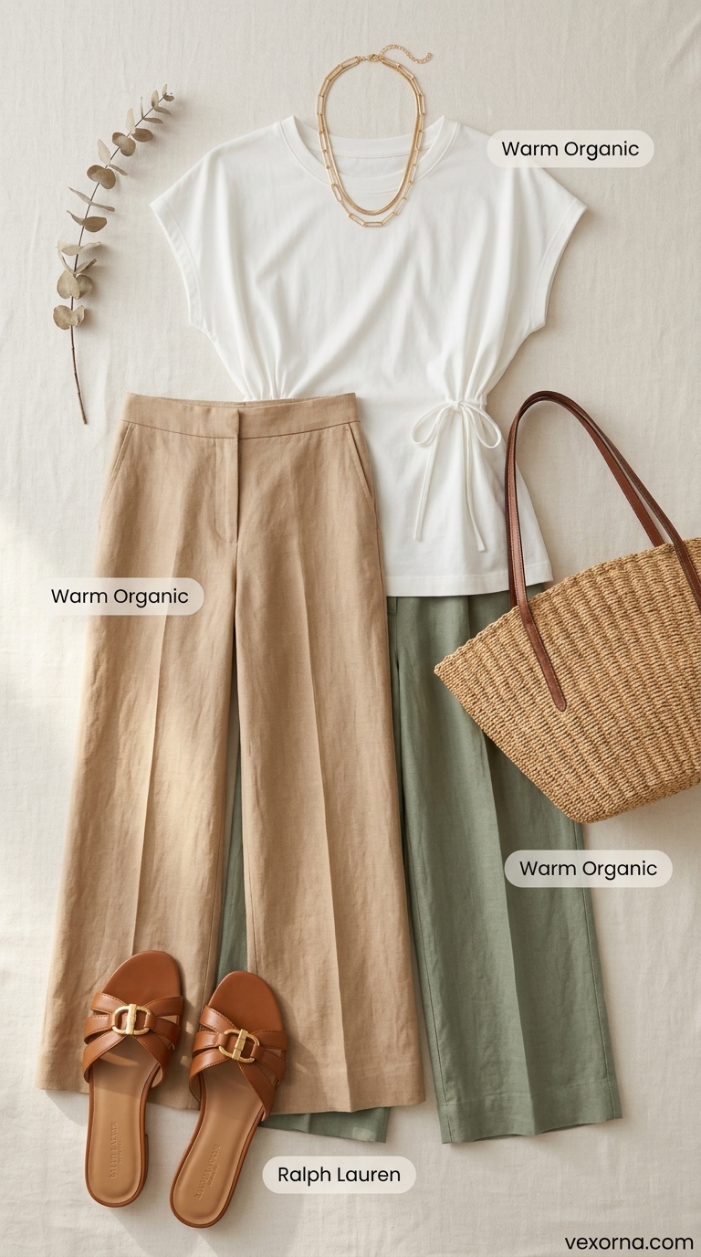 Knotted summer t-shirt outfit for women 2026: White tee knotted at waist with sage green linen pants and tan sandals.