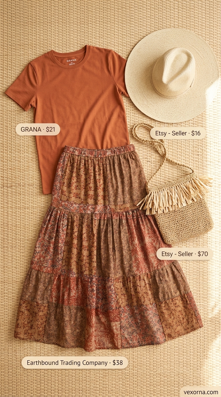 Knotted summer t-shirt outfit for women 2026: Terracotta tee knotted at hip with printed maxi skirt and raffia bag.