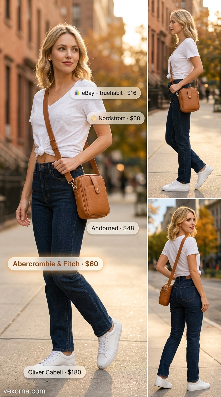 Knotted summer t-shirt outfit for women 2026: White V-neck tee knotted at hip with dark indigo jeans, white sneakers, and tan crossbody.