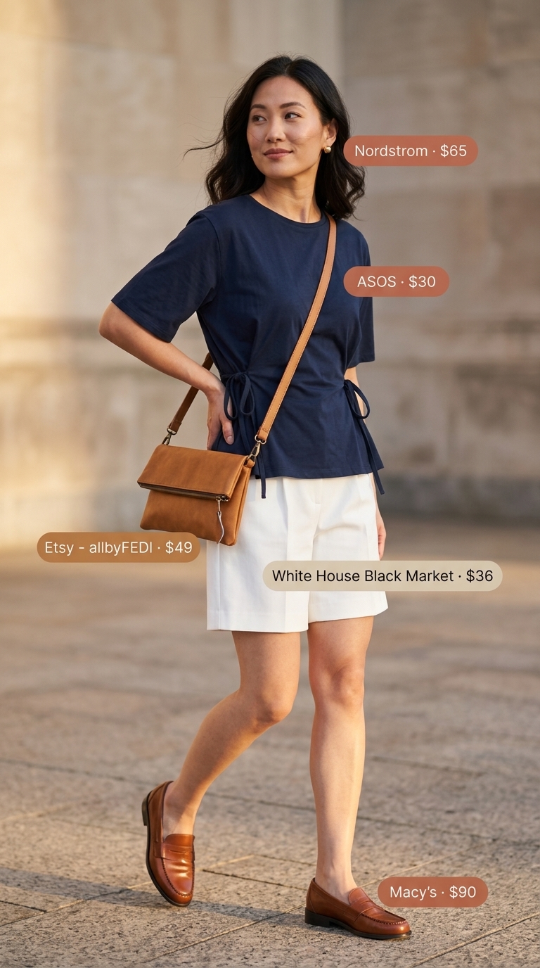 Knotted summer t-shirt outfit for women 2026: Navy tee knotted at back with tailored shorts, penny loafers, and cognac bag.