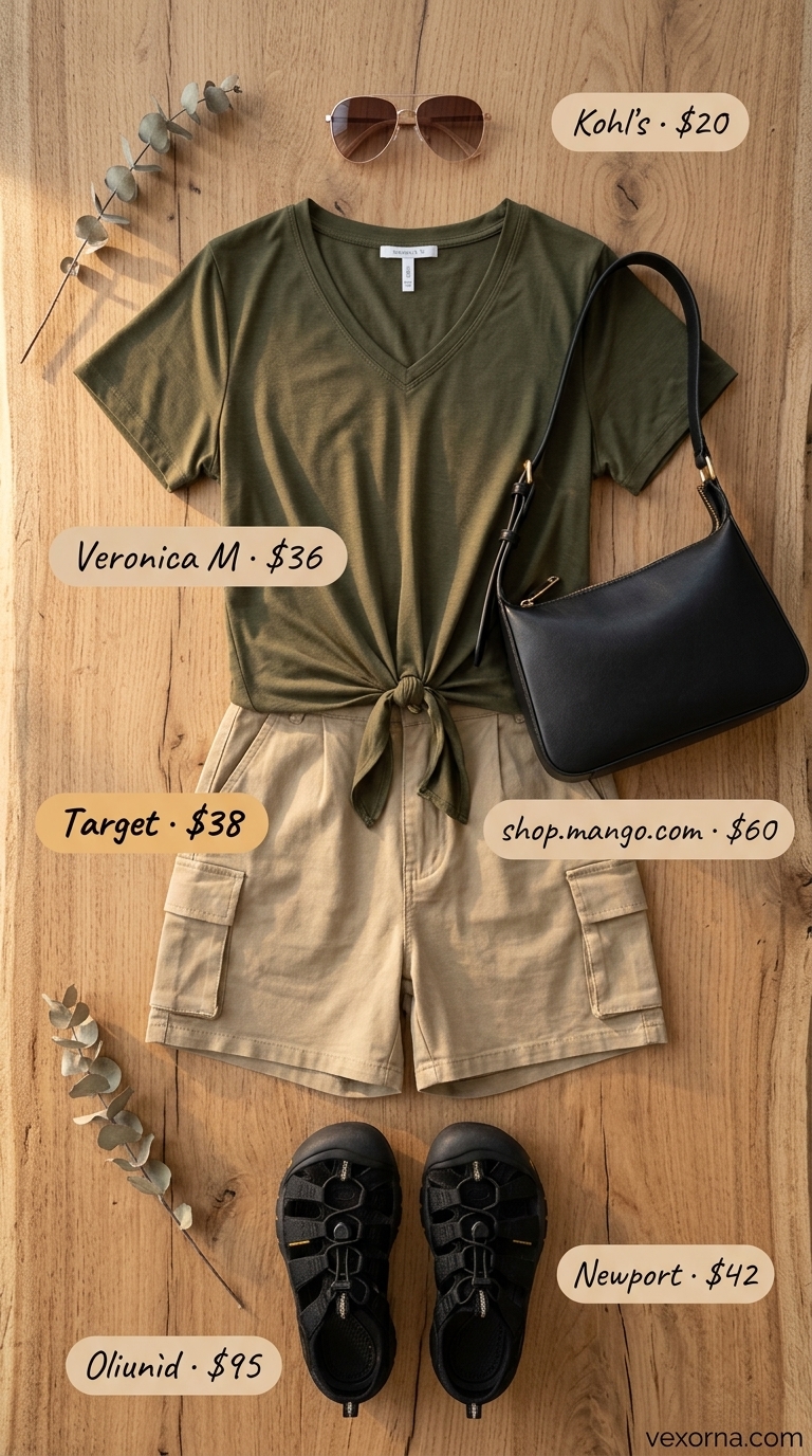 Knotted summer t-shirt outfit for women 2026: Grey tee knotted at front with khaki cargo shorts, black loafers, and belt bag.