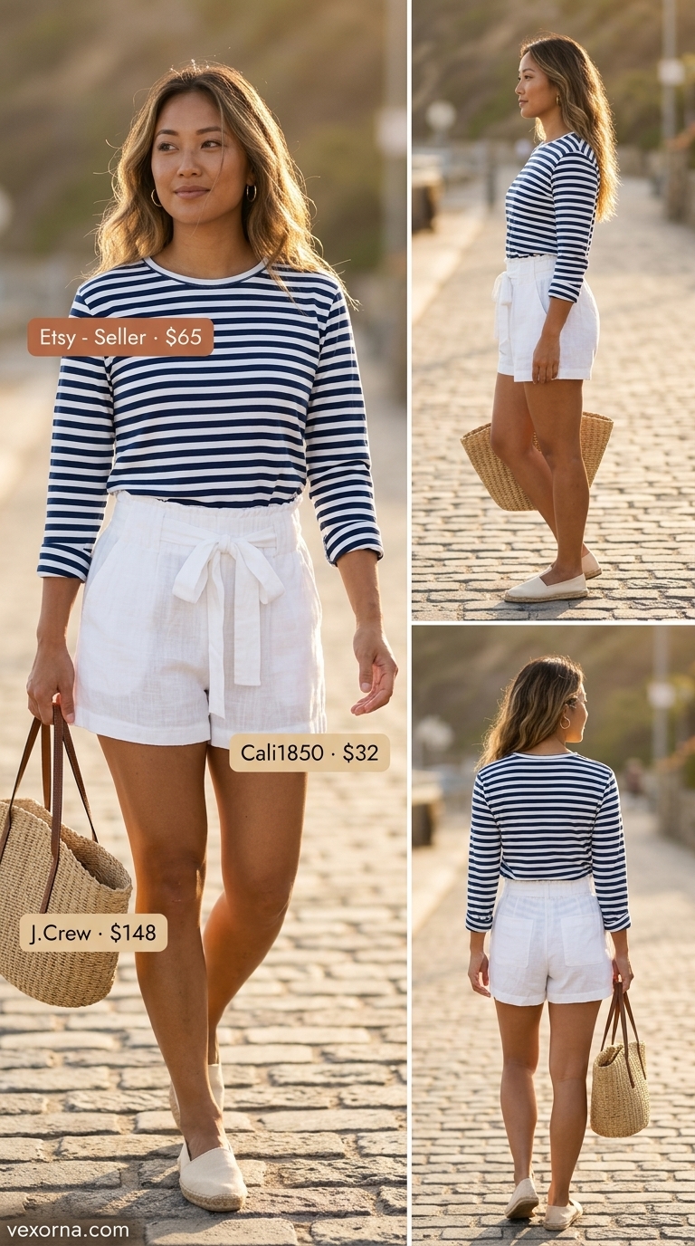 Knotted summer t-shirt outfit for women 2026: Navy stripe tee knotted at waist with linen shorts, espadrilles, and straw tote.