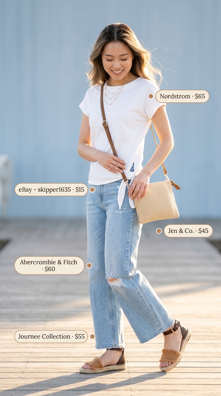 Knotted summer t-shirt outfit for women 2026: White tee, wide-leg denim, tan espadrilles for brunch.
