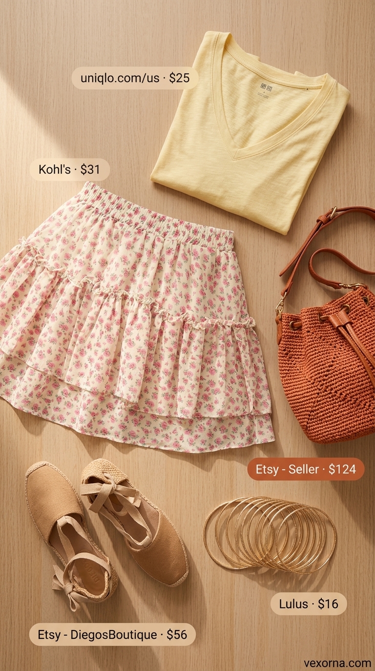 Knotted summer t-shirt outfit for women 2026: Yellow slub tee with floral mini skirt for a boho garden party.